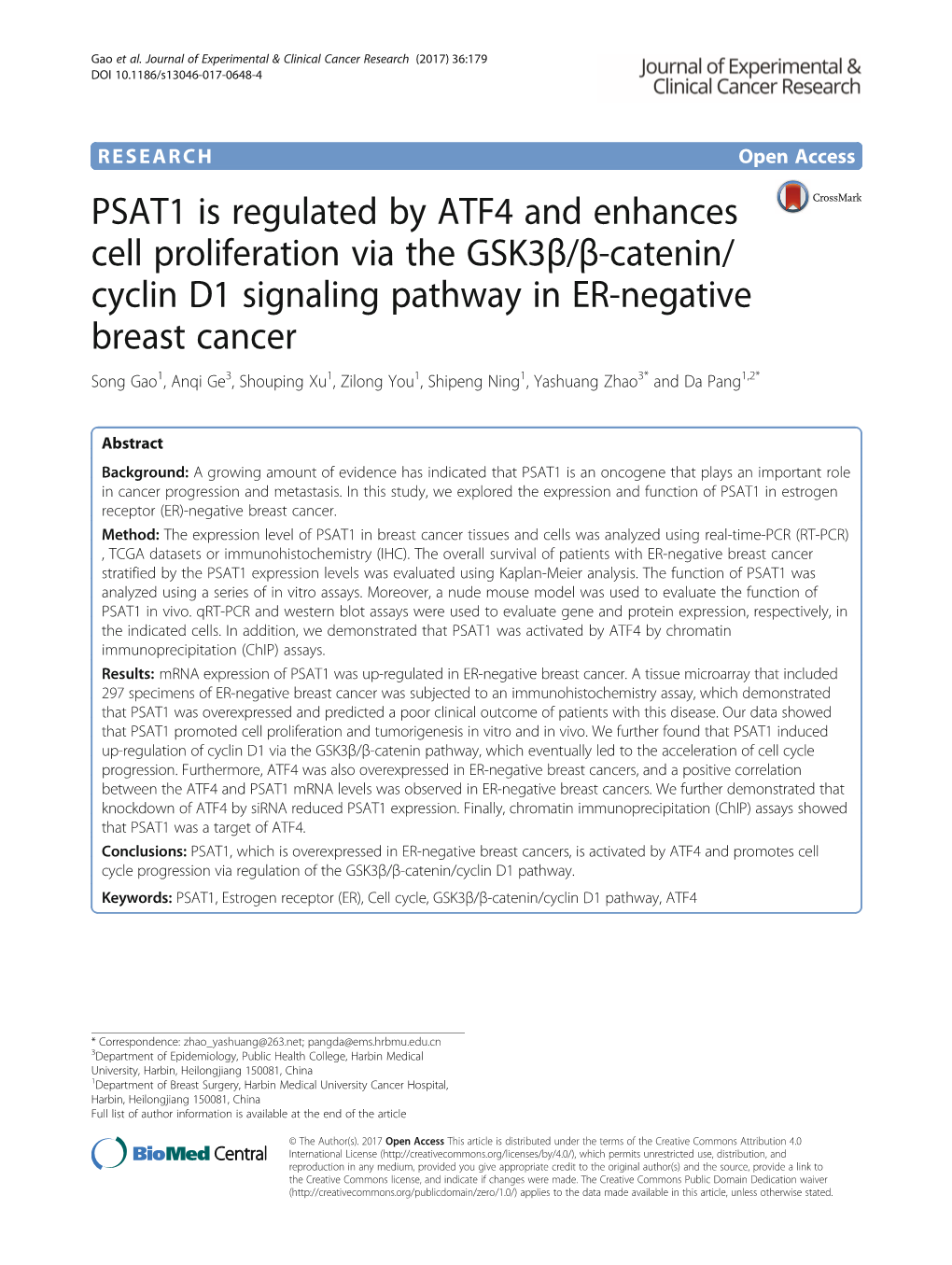 Cyclin D1 Signaling Pathway in ER-Negative Breast Cancer Song Gao1, Anqi Ge3, Shouping Xu1, Zilong You1, Shipeng Ning1, Yashuang Zhao3* and Da Pang1,2*