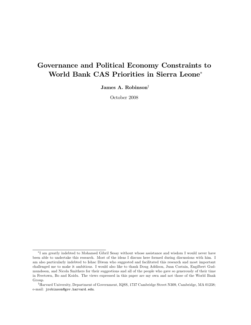 Governance and Political Economy Constraints to World Bank CAS Priorities in Sierra Leone