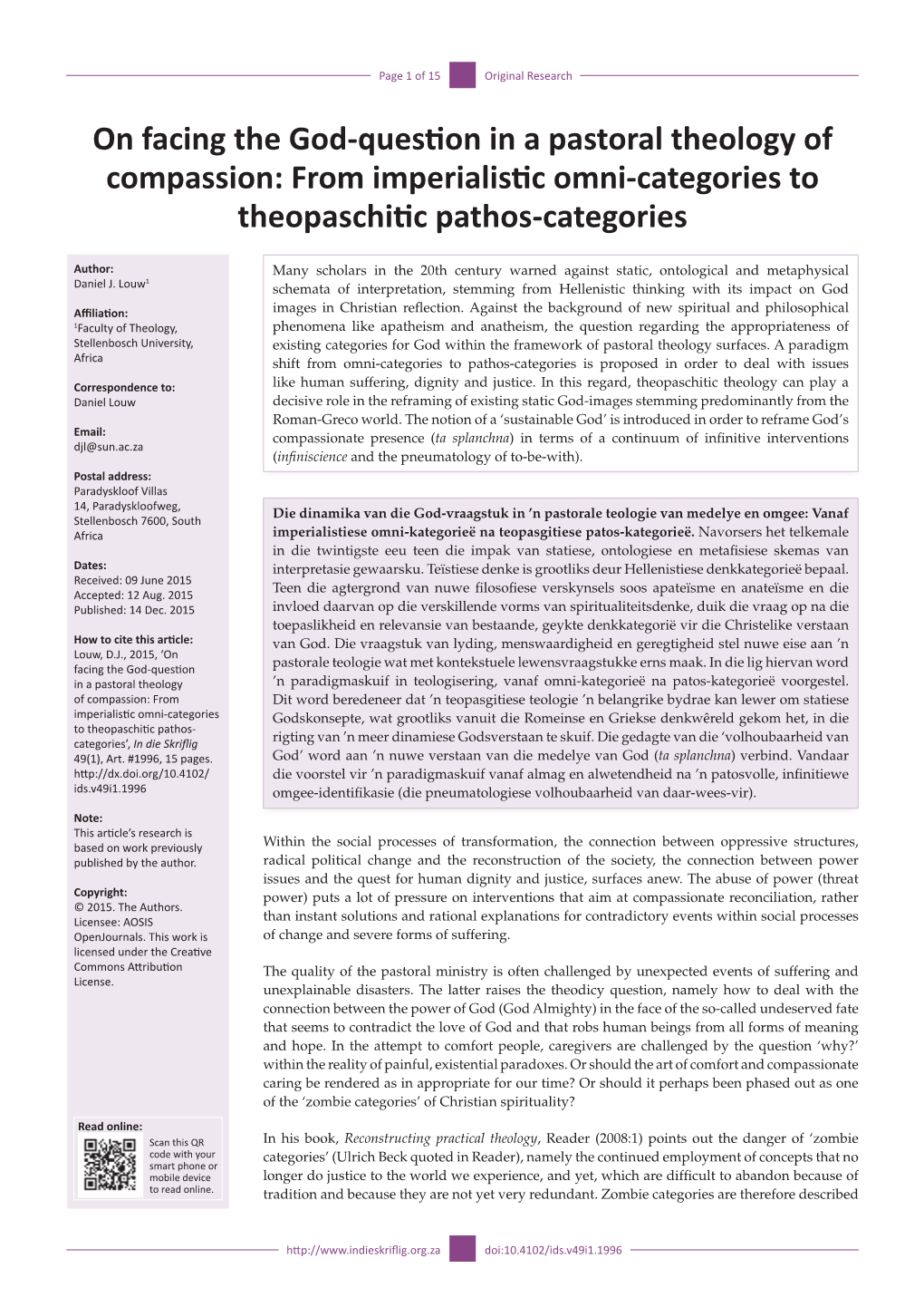 On Facing the God-Question in a Pastoral Theology of Compassion: from Imperialistic Omni-Categories to Theopaschitic Pathos-Categories