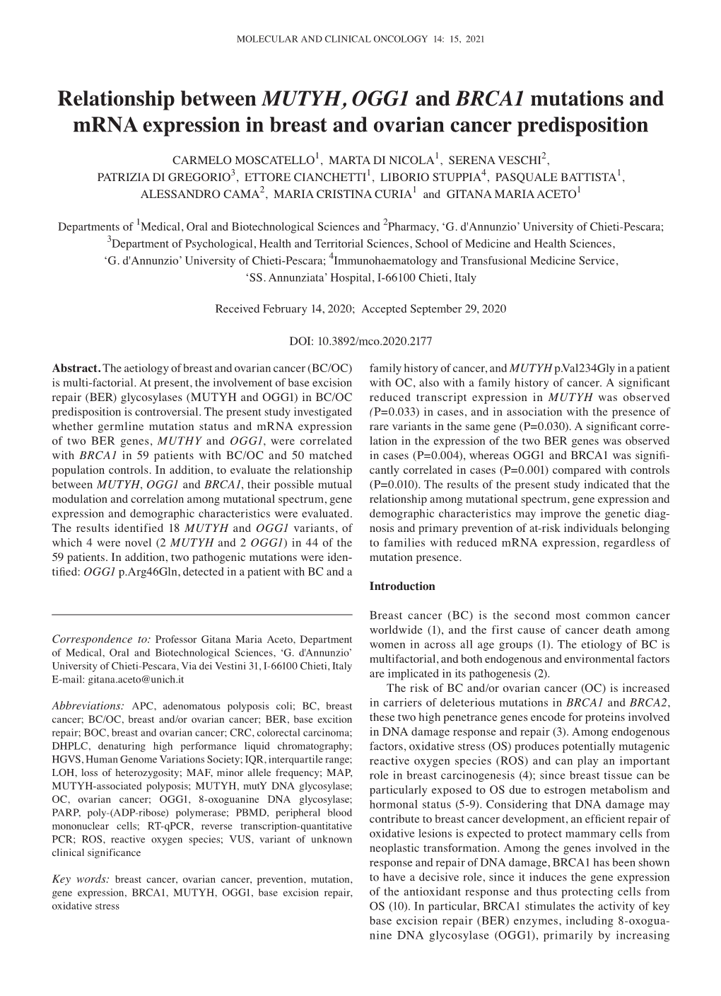 Relationship Between MUTYH, OGG1 and BRCA1 Mutations and Mrna Expression in Breast and Ovarian Cancer Predisposition