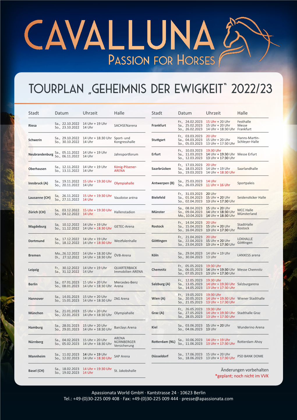 Tourplan „Geheimnis Der Ewigkeit“ 2022/23