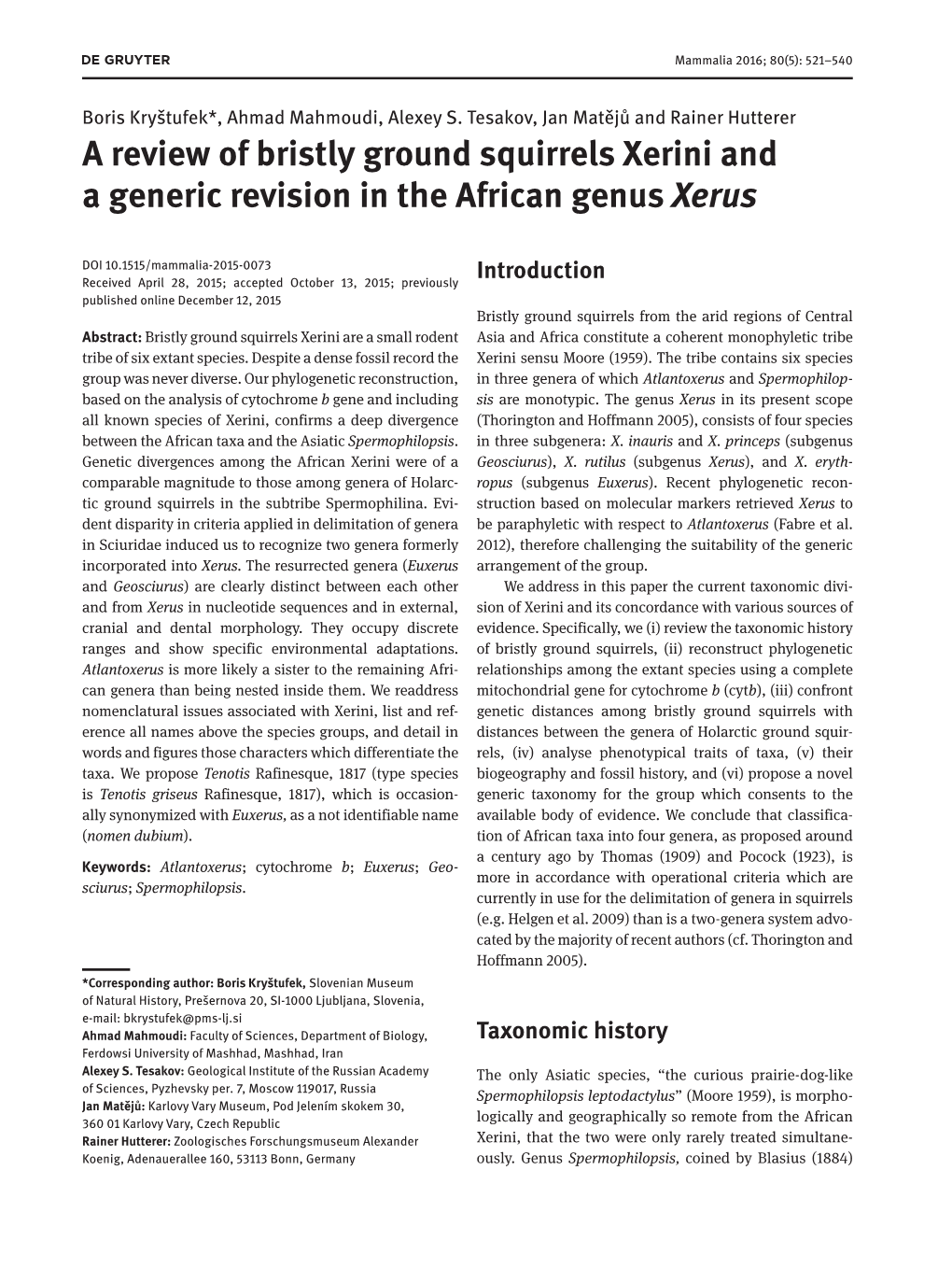 A Review of Bristly Ground Squirrels Xerini and a Generic Revision in the African Genus Xerus