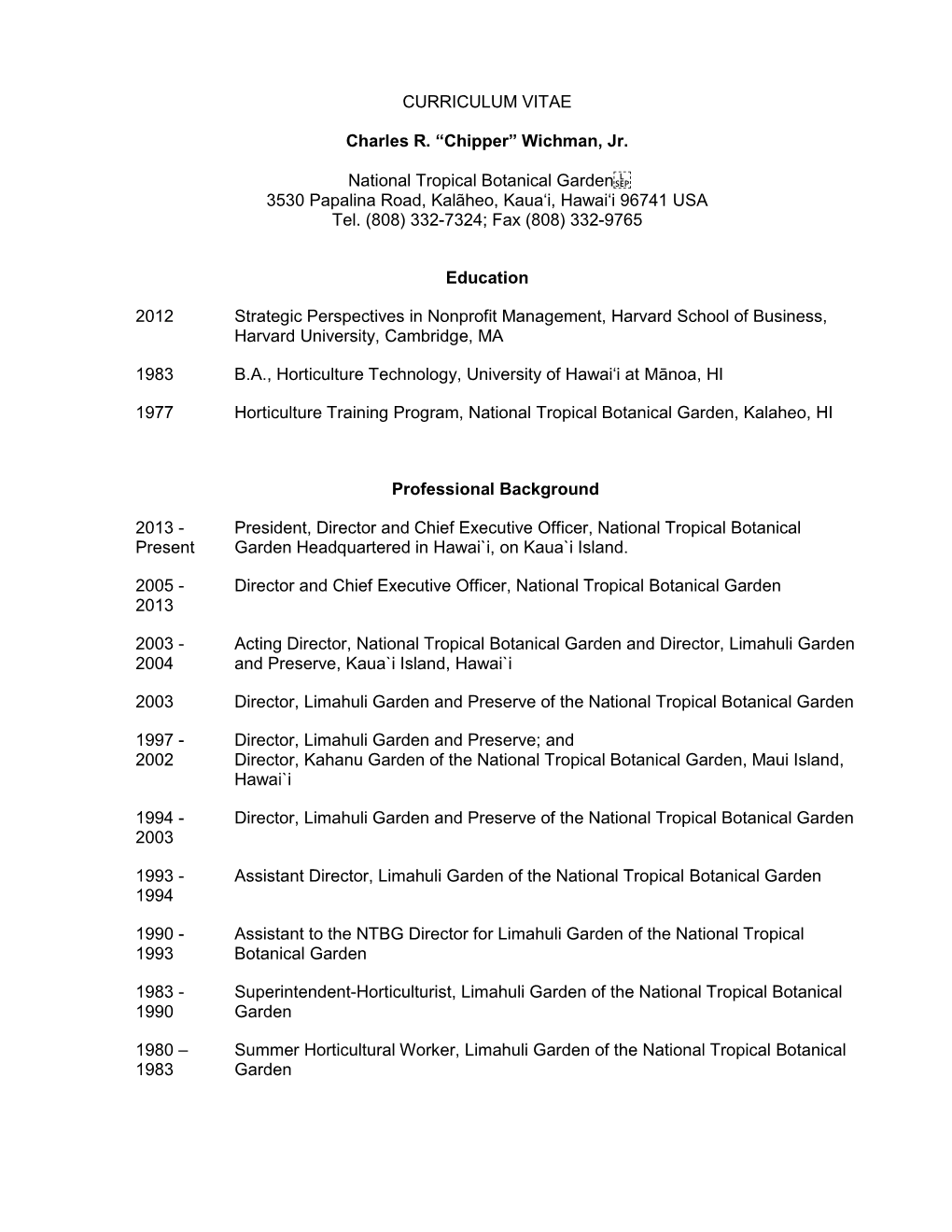 CURRICULUM VITAE Charles R. “Chipper” Wichman, Jr. National