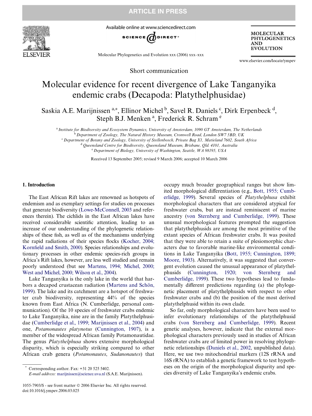 Molecular Evidence for Recent Divergence of Lake Tanganyika Endemic Crabs (Decapoda: Platythelphusidae)