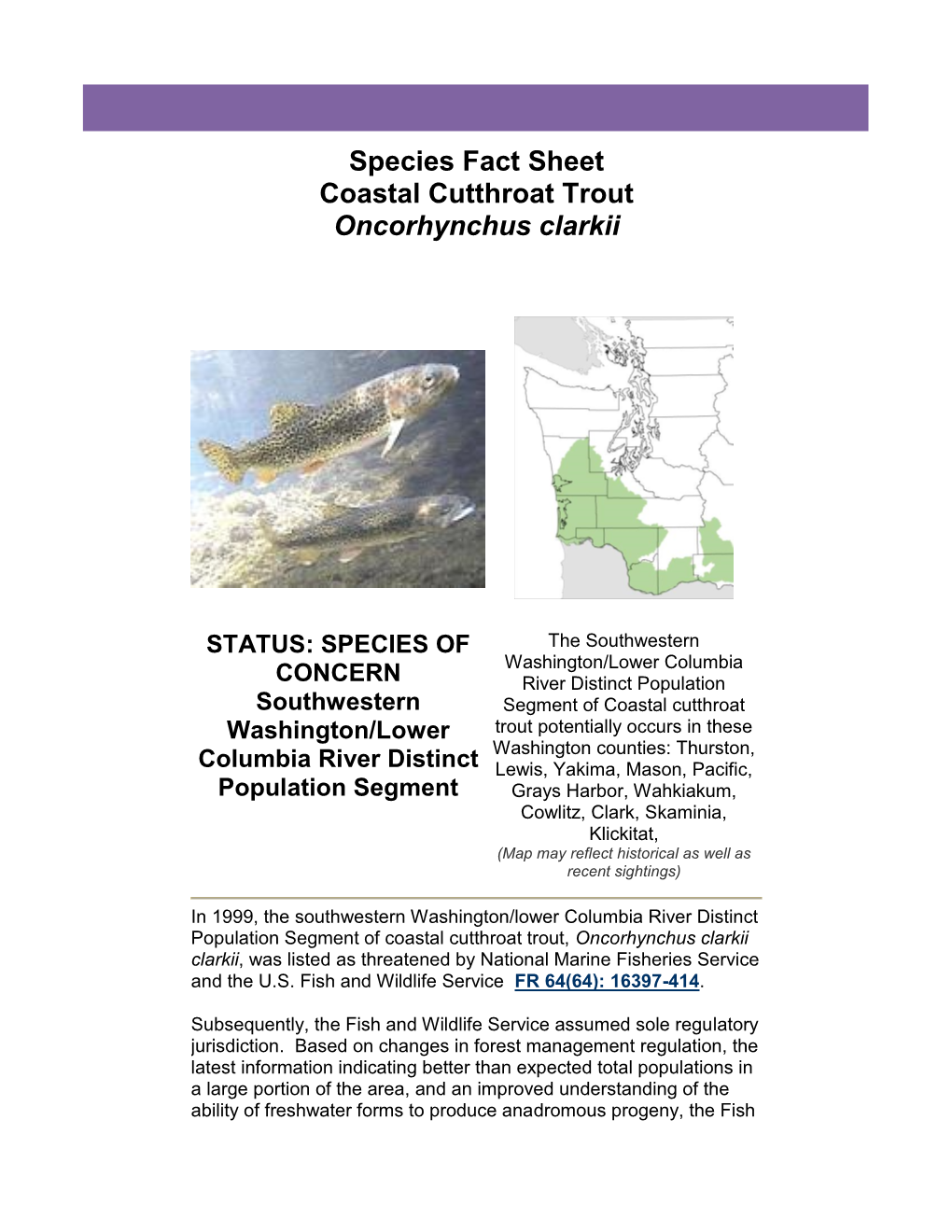 Species Fact Sheet Coastal Cutthroat Trout Oncorhynchus Clarkii