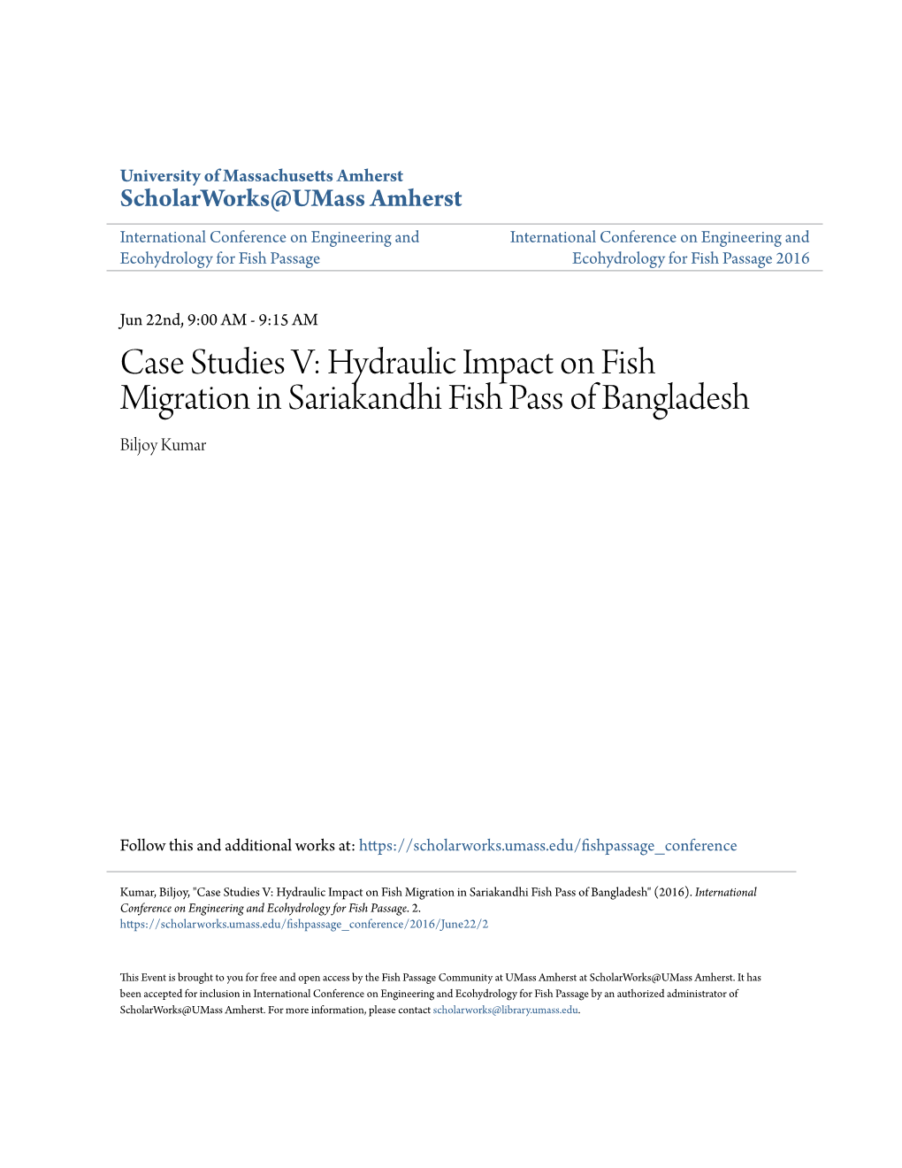 Hydraulic Impact on Fish Migration in Sariakandhi Fish Pass of Bangladesh Biljoy Kumar