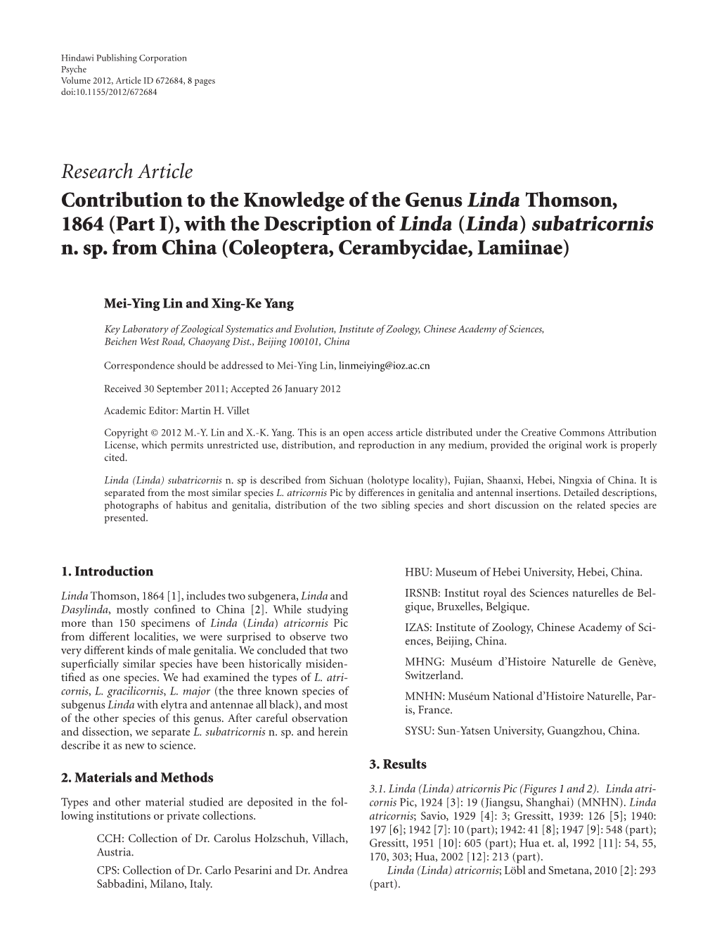 Contribution to the Knowledge of the Genus Linda Thomson, 1864 (Part I), with the Description of Linda (Linda) Subatricornis N