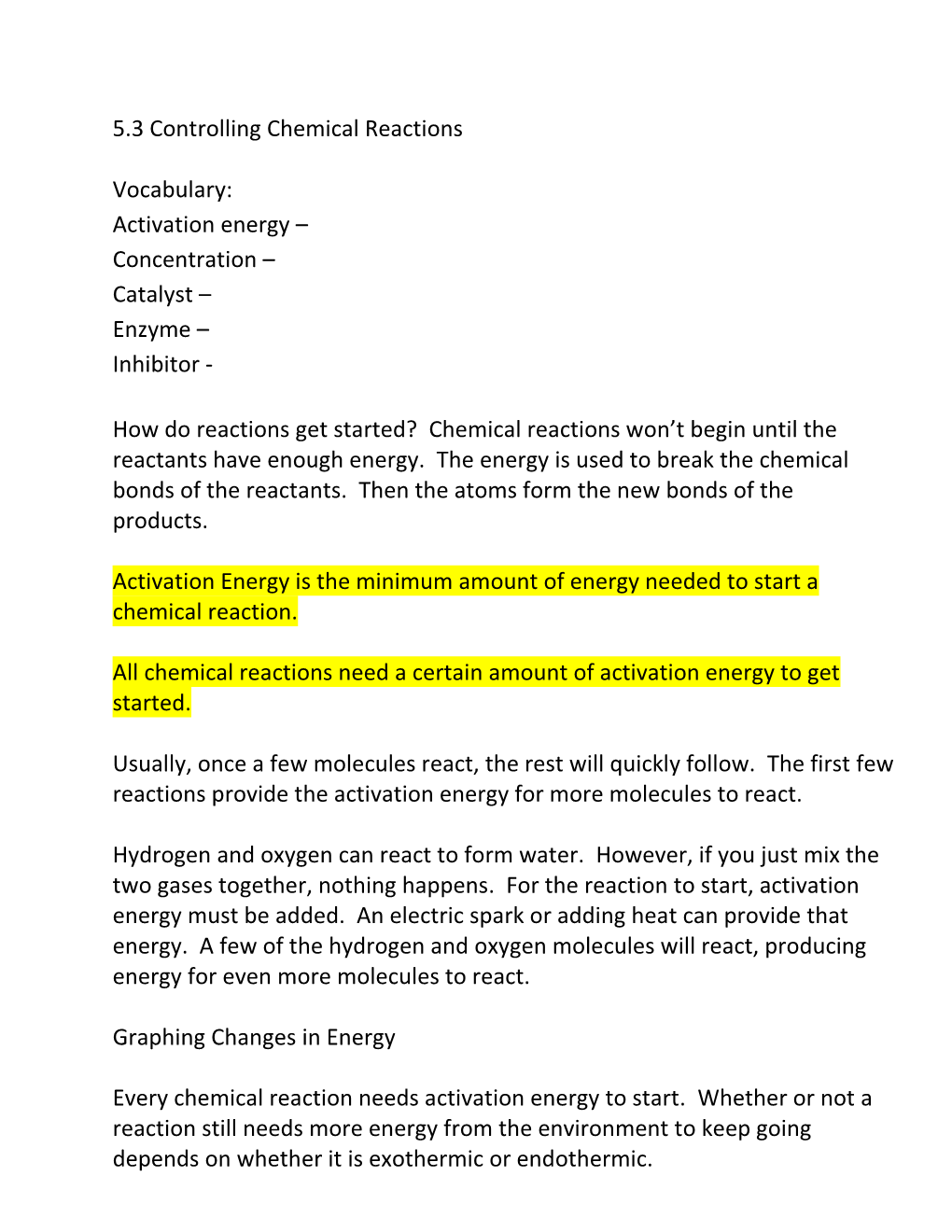 5.3 Controlling Chemical Reactions Vocabulary: Activation Energy