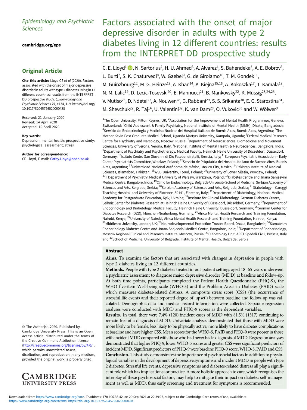 Factors Associated with the Onset of Major Depressive Disorder in Adults with Type 2 Diabetes Living in 12 Different Countries