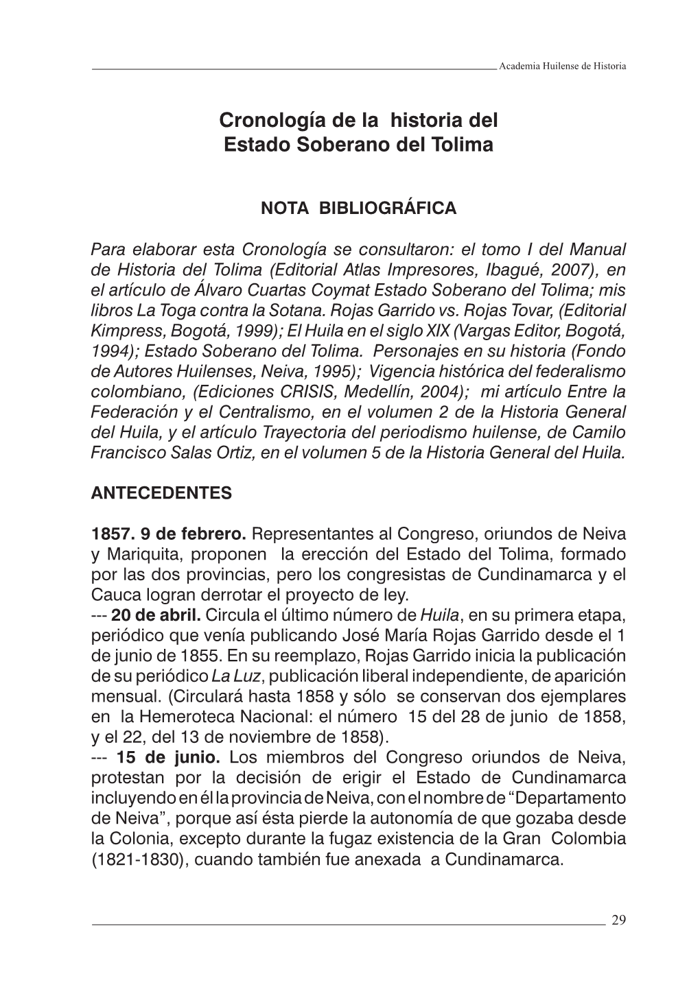 Cronología De La Historia Del Estado Soberano Del Tolima