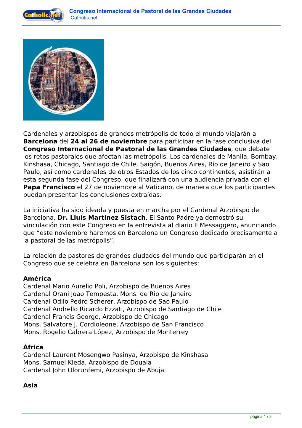 Congreso Internacional De Pastoral De Las Grandes Ciudades Catholic.Net