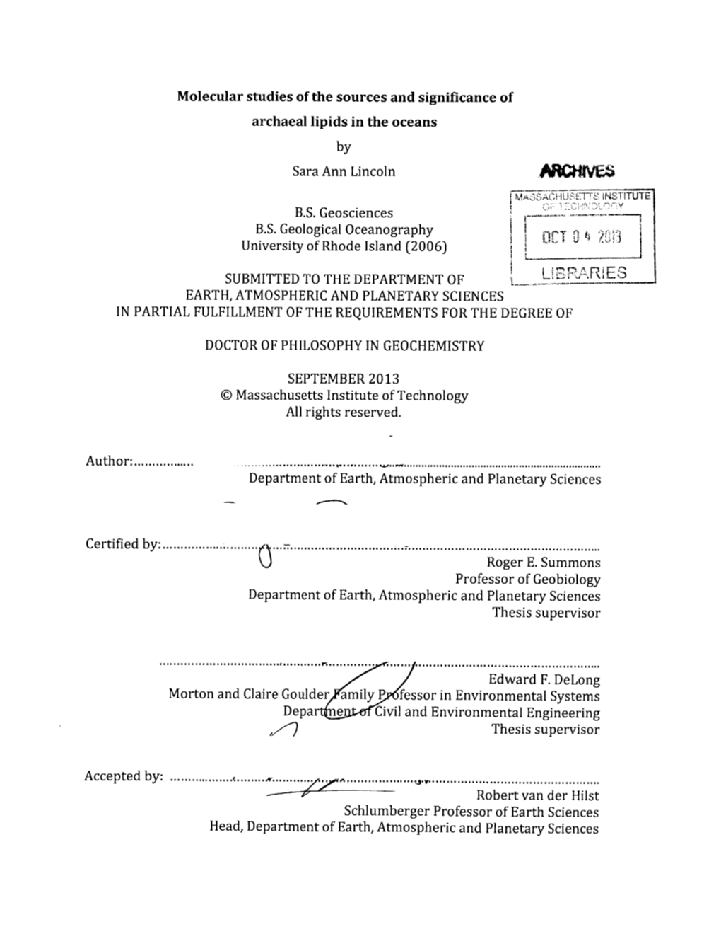 P^I"~ SUBMITTED to the DEPARTMENT of L \IL.~D EARTH, ATMOSPHERIC and PLANETARY SCIENCES in PARTIAL FULFILLMENT of the REQUIREMENTS for the DEGREE OF