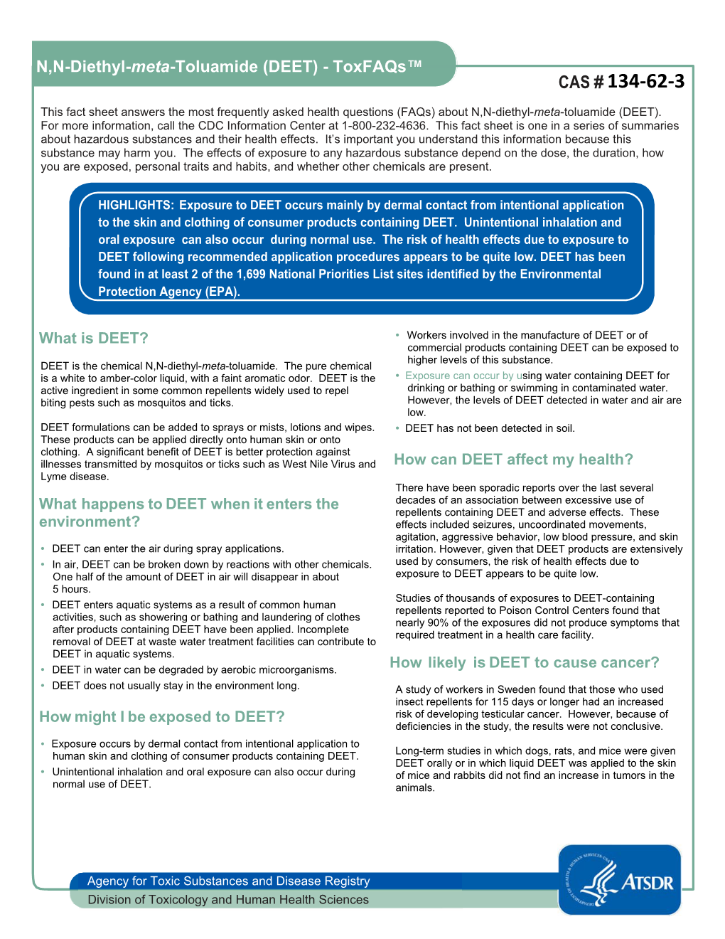 DEET) - Toxfaqs™ CAS # 134‐62‐3