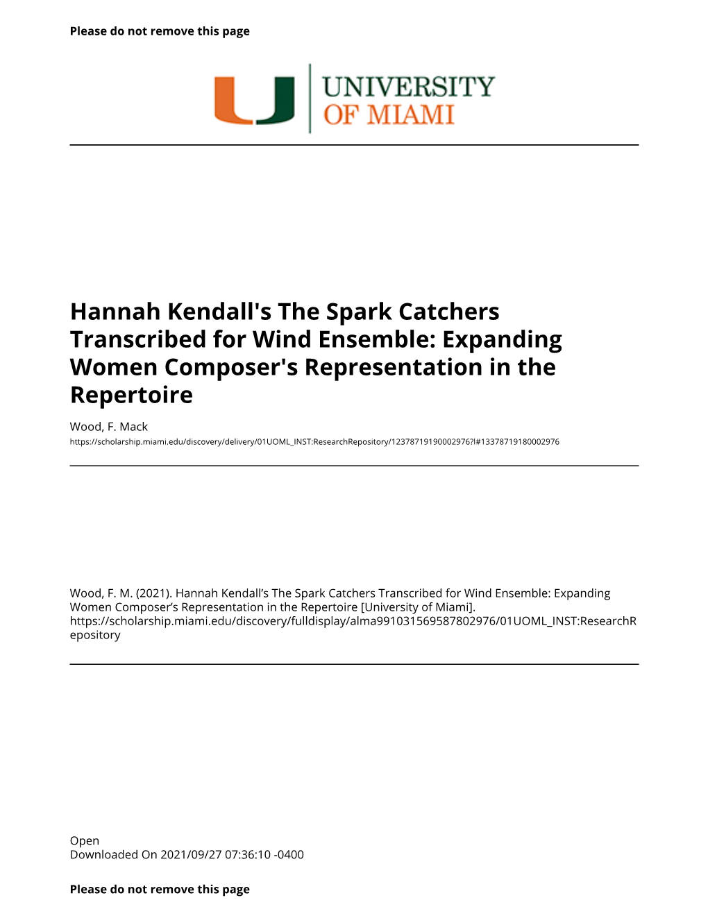 Hannah Kendall's the Spark Catchers Transcribed for Wind Ensemble: Expanding Women Composer's Representation in the Repertoire