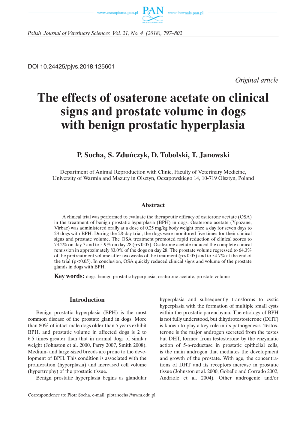 The Effects of Osaterone Acetate on Clinical Signs and Prostate Volume in Dogs with Benign Prostatic Hyperplasia