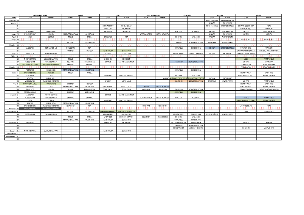 2020 CLUB VENUE CLUB VENUE CLUB VENUE CLUB VENUE CLUB VENUE CLUB VENUE February 23 ROSS FALCONS BROMSBERROW March 1 KINVER RUSHW