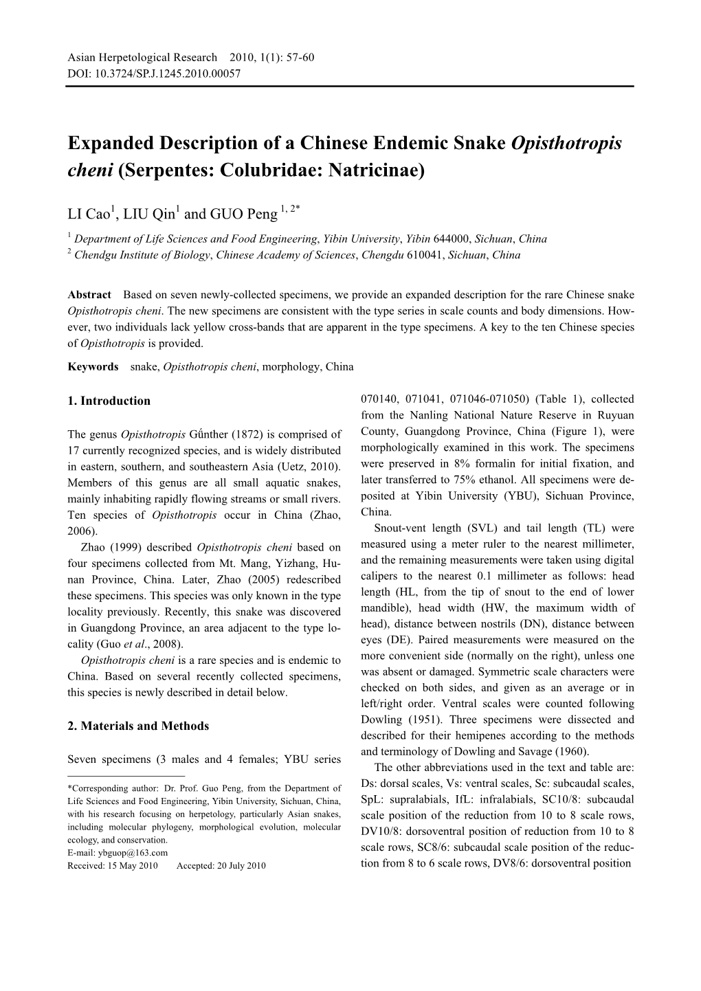 Expanded Description of a Chinese Endemic Snake Opisthotropis Cheni (Serpentes: Colubridae: Natricinae)