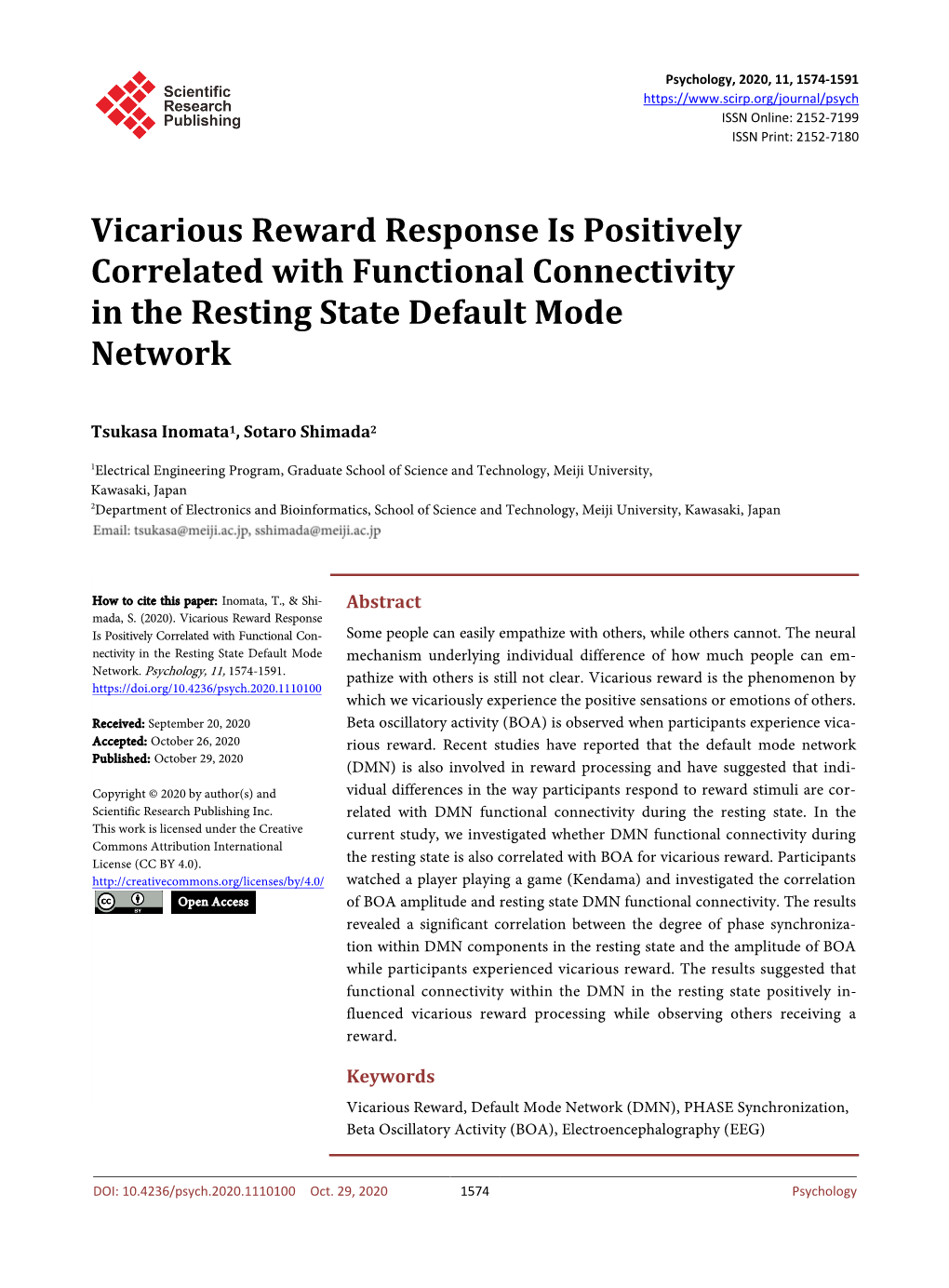 Vicarious Reward Response Is Positively Correlated with Functional Connectivity in the Resting State Default Mode Network