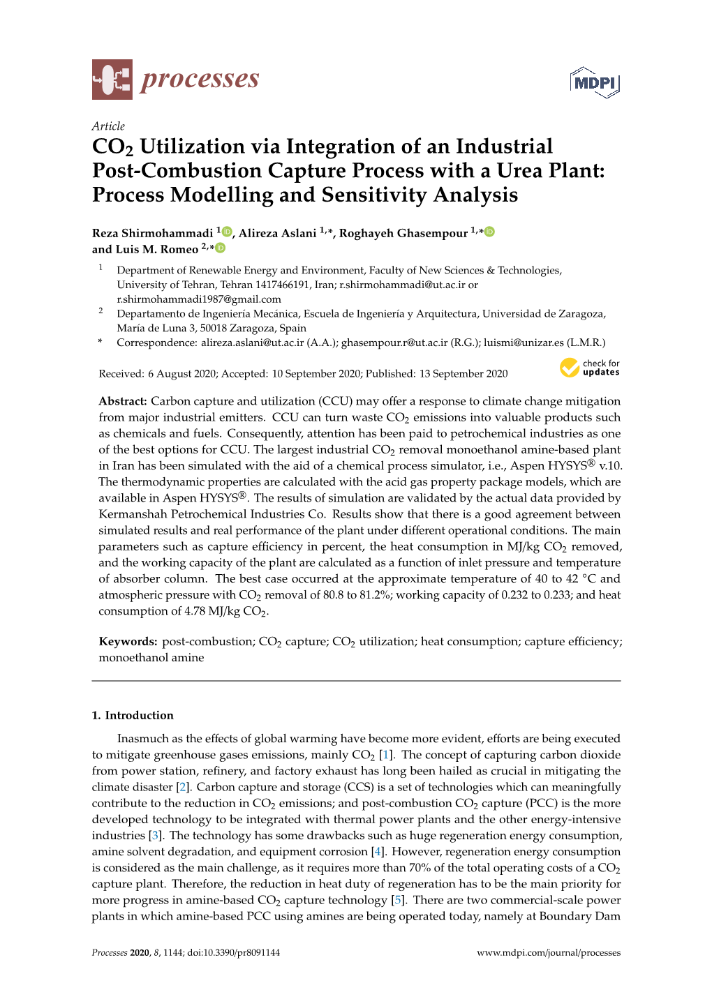 CO2 Utilization Via Integration of an Industrial Post-Combustion Capture Process with a Urea Plant: Process Modelling and Sensitivity Analysis