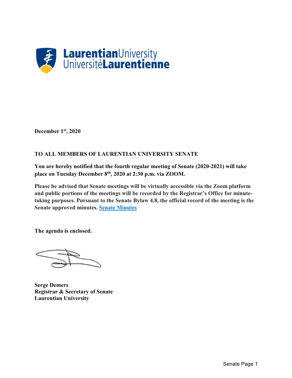 December 1St, 2020 to ALL MEMBERS of LAURENTIAN