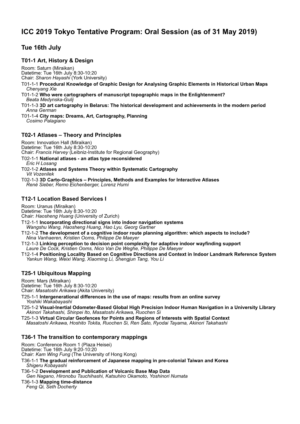 ICC 2019 Tokyo Tentative Program: Oral Session (As of 31 May 2019)
