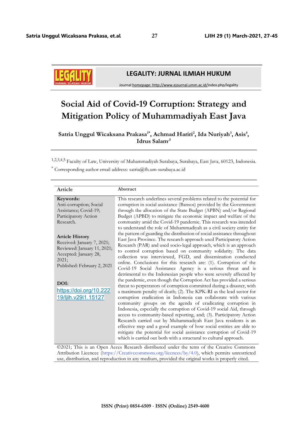 Social Aid of Covid-19 Corruption: Strategy and Mitigation Policy of Muhammadiyah East Java