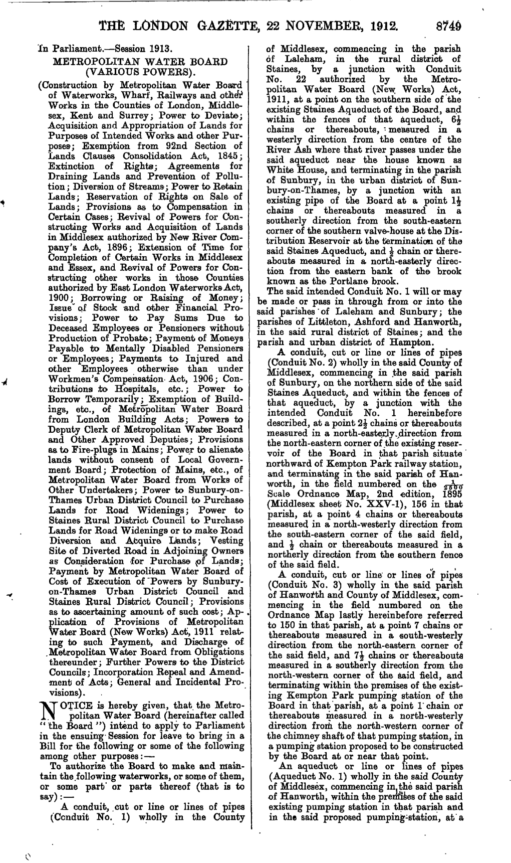 THE LONDON GAZETTE, 22 NOVEMBER, 1912. 8749 in Parliament.—Session 1913