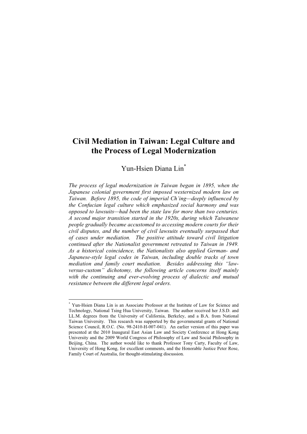 Civil Mediation in Taiwan: Legal Culture and the Process of Legal Modernization