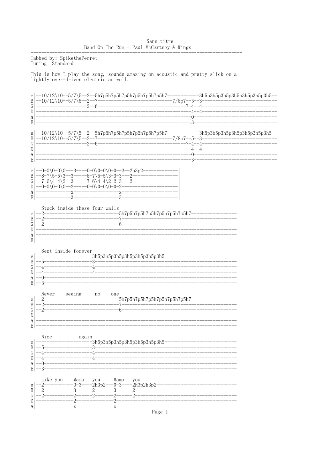 Band on the Run - Paul Mccartney & Wings ------Tabbed By: Spiketheferret Tuning: Standard