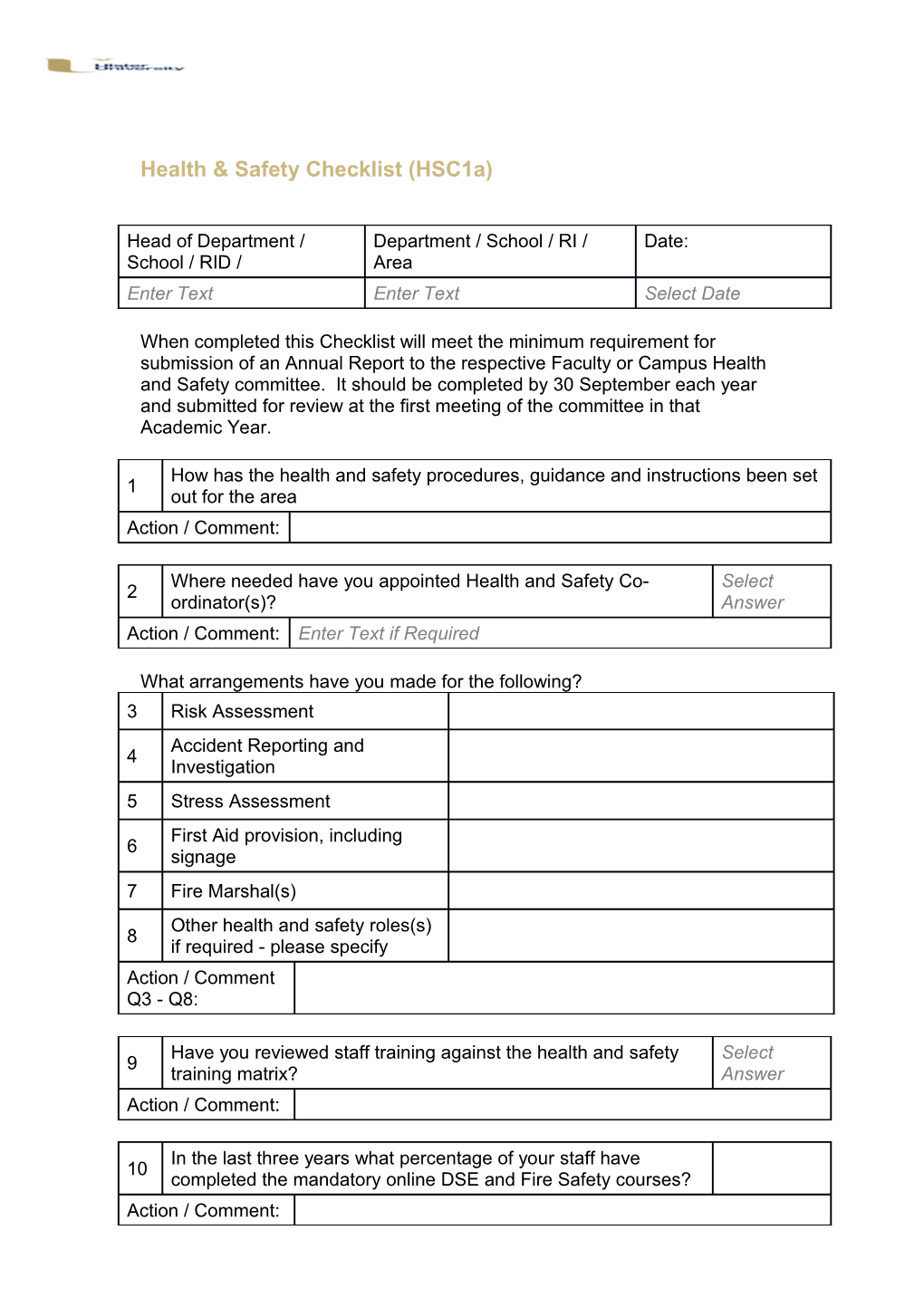 Health & Safety Checklist (Hsc1a)