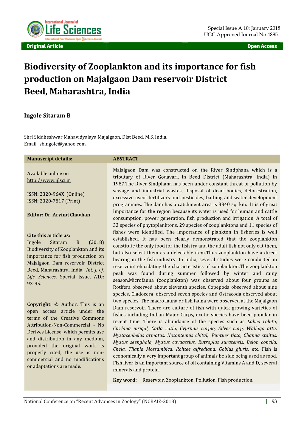 Biodiversity of Zooplankton and Its Importance for Fish Production on Majalgaon Dam Reservoir District Beed, Maharashtra, India