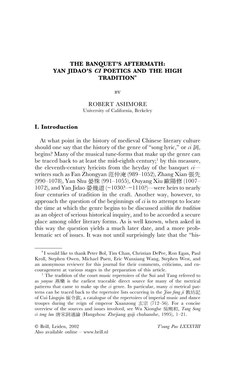 YAN JIDAO's CI POETICS and the HIGH TRADITION* By