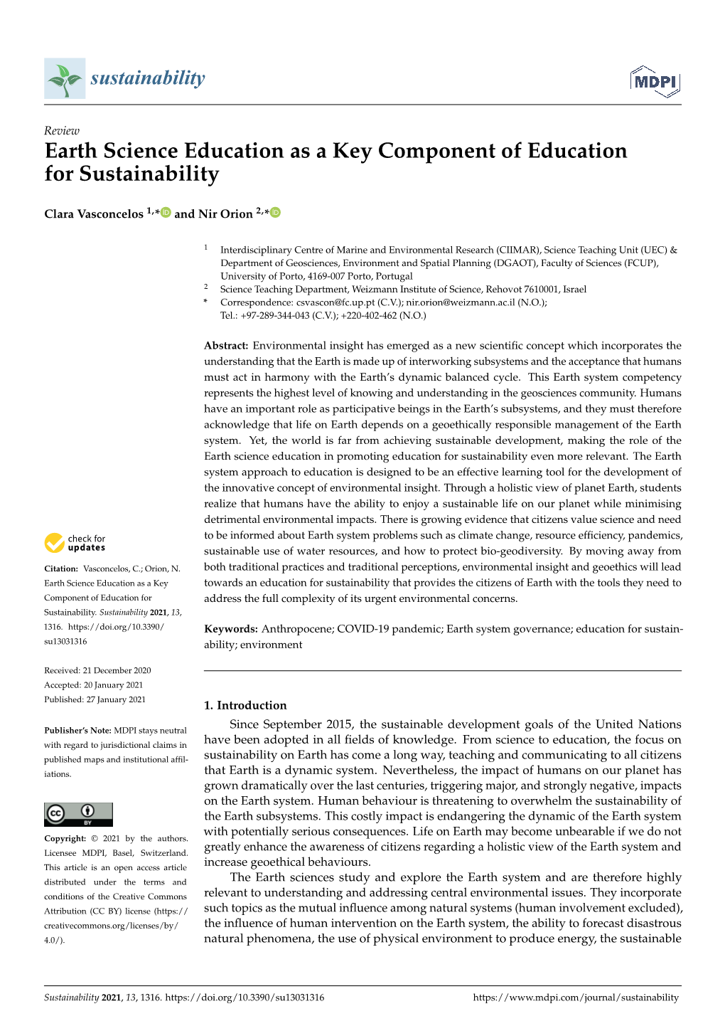 Earth Science Education As a Key Component of Education for Sustainability