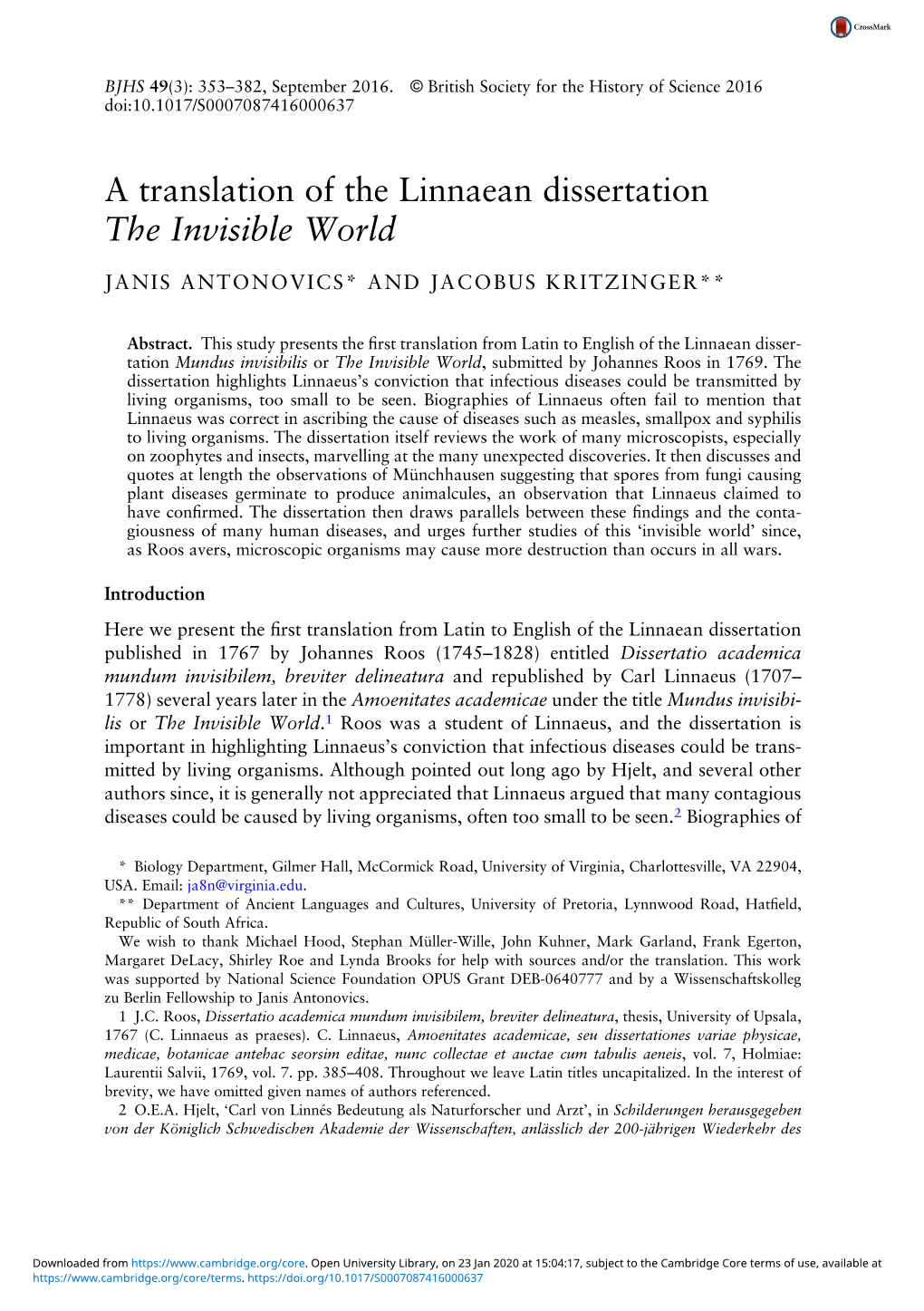 A Translation of the Linnaean Dissertation the Invisible World