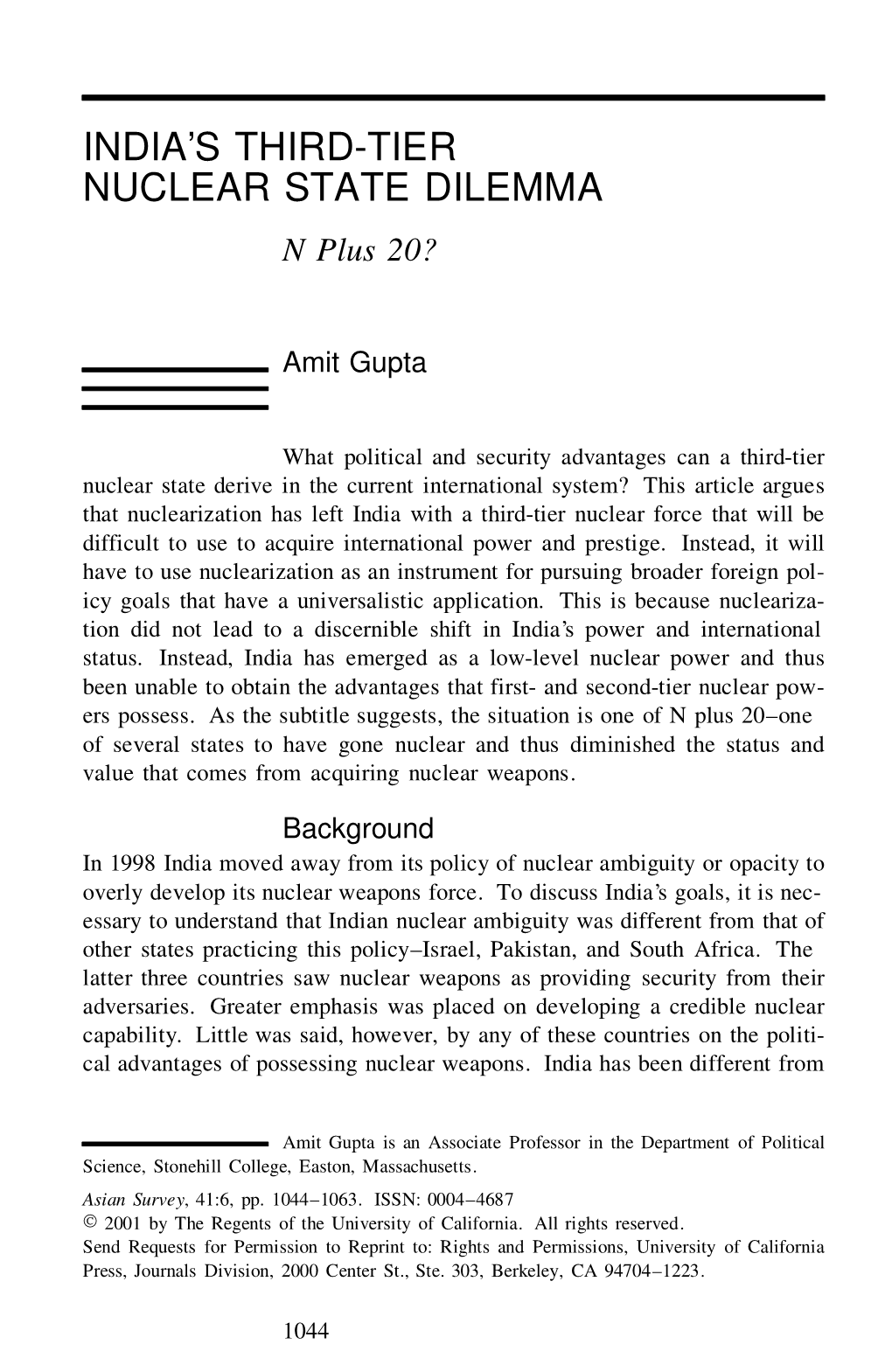 India's Third-Tier Nuclear State Dilemma