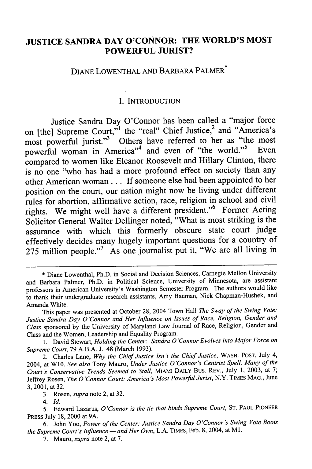 Justice Sandra Day O'connor: the World's Most Powerful Jurist?