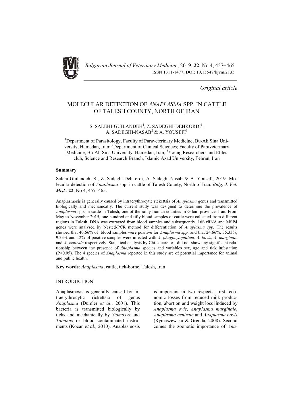 Original Article MOLECULAR DETECTION of ANAPLASMA SPP