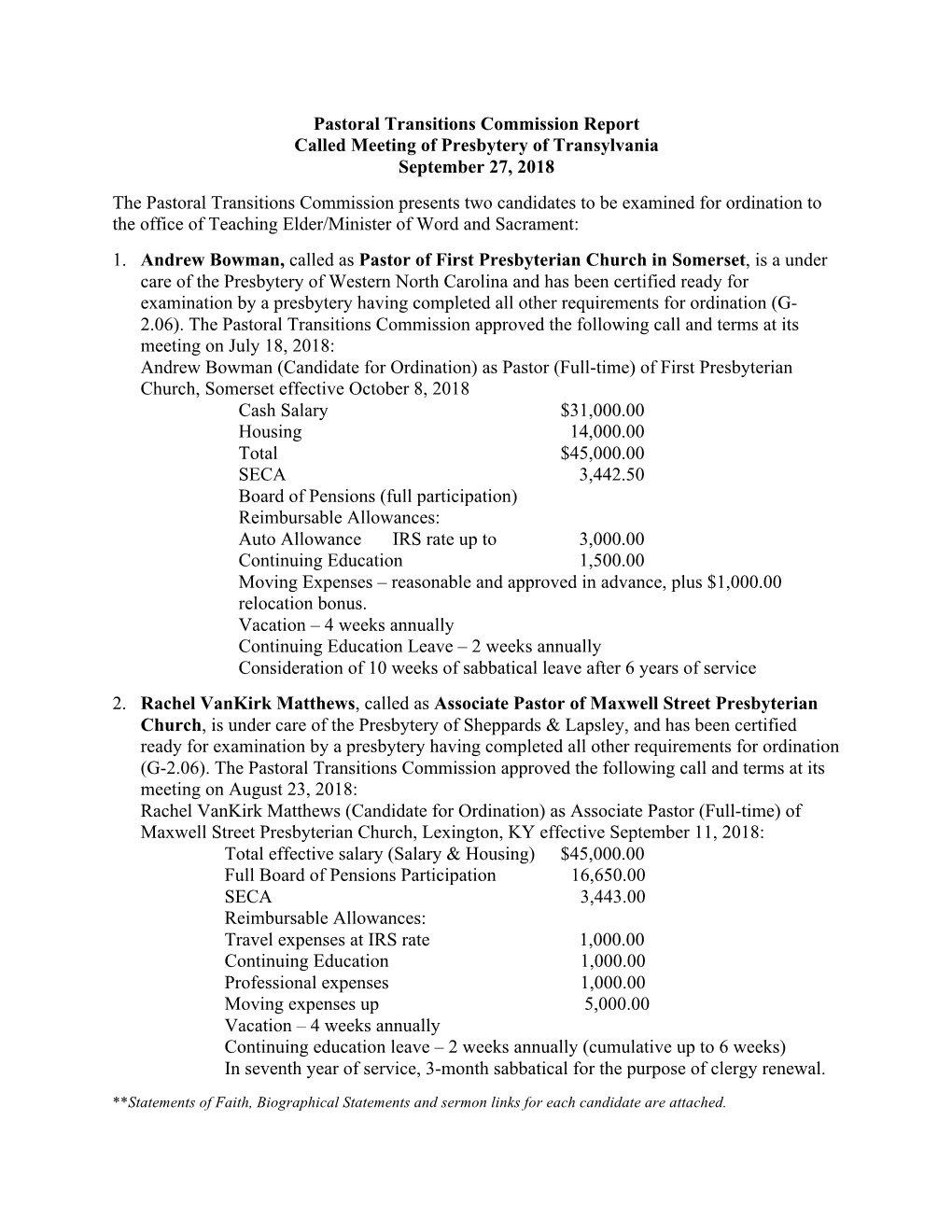 Pastoral Transitions Commission Report Called Meeting of Presbytery of Transylvania September 27, 2018