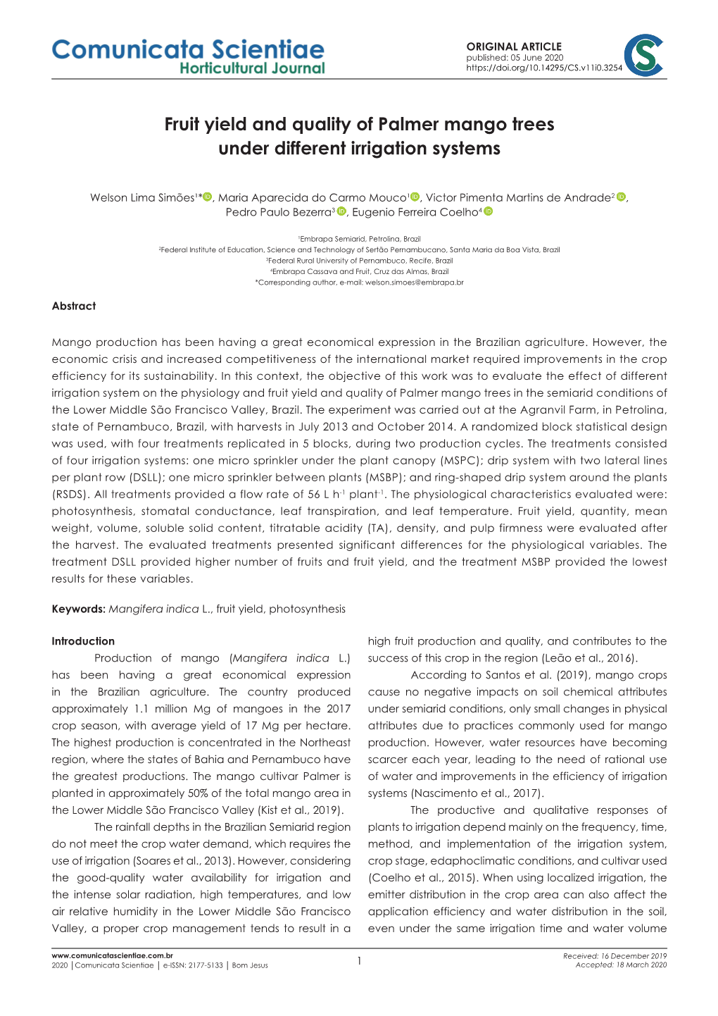 Fruit Yield and Quality of Palmer Mango Trees Under Different Irrigation Systems