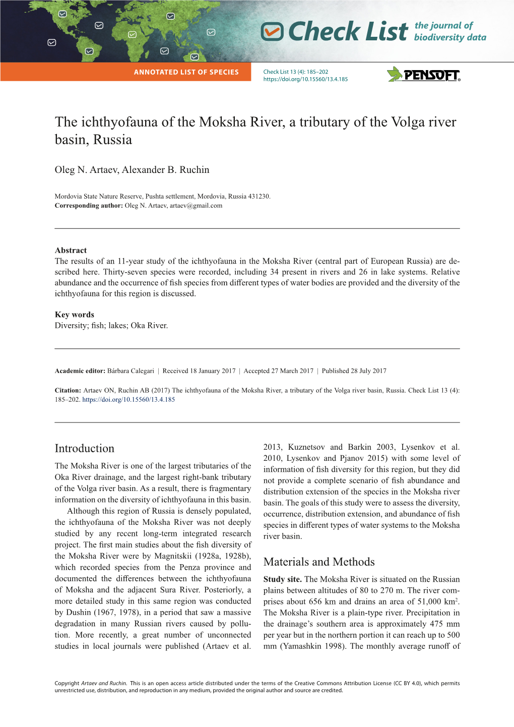 The Ichthyofauna of the Moksha River, a Tributary of the Volga River Basin, Russia