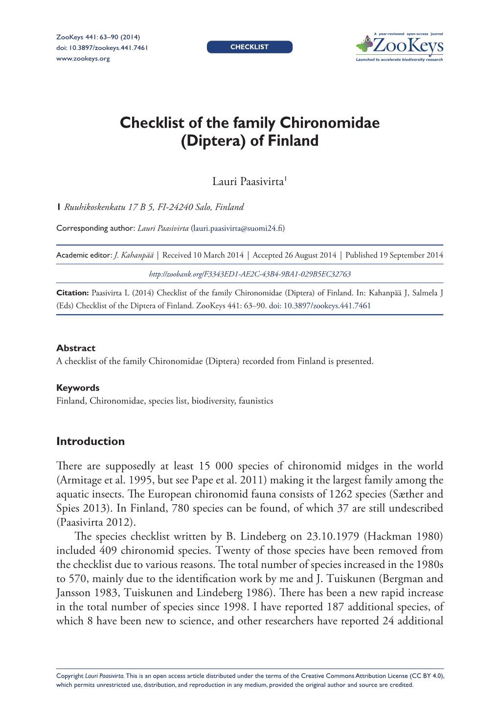 ﻿﻿﻿﻿﻿Checklist of the Family Chironomidae (Diptera) of Finland