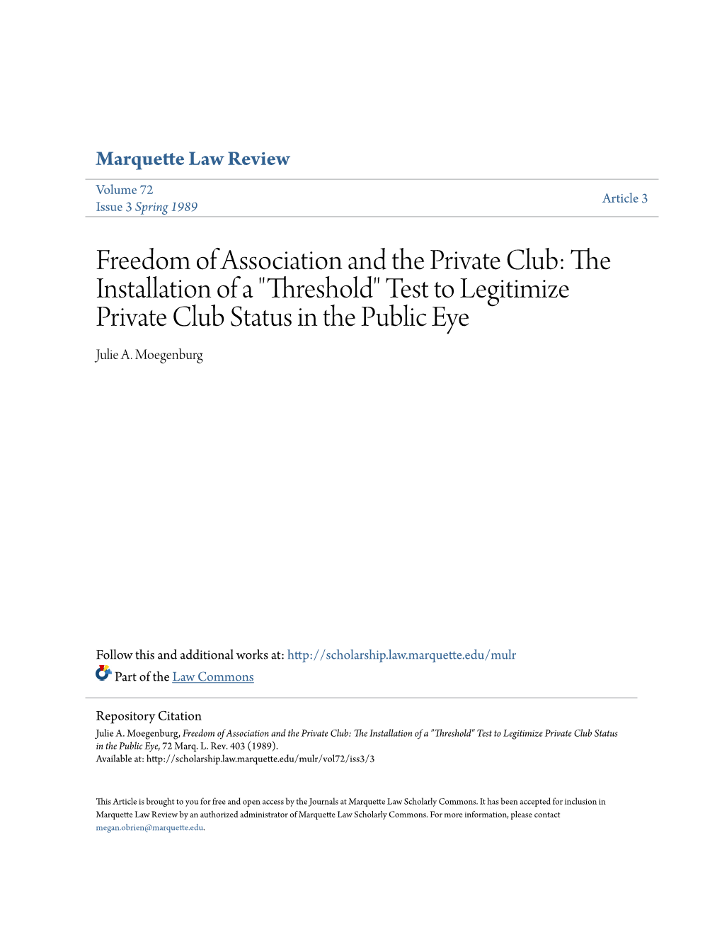 Freedom of Association and the Private Club: the Installation of a 