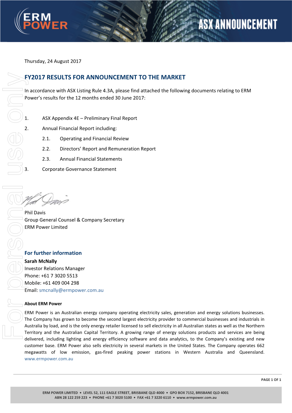 ERM Power Limited Annual Financial Report for the YEAR ENDED 30 June 2017