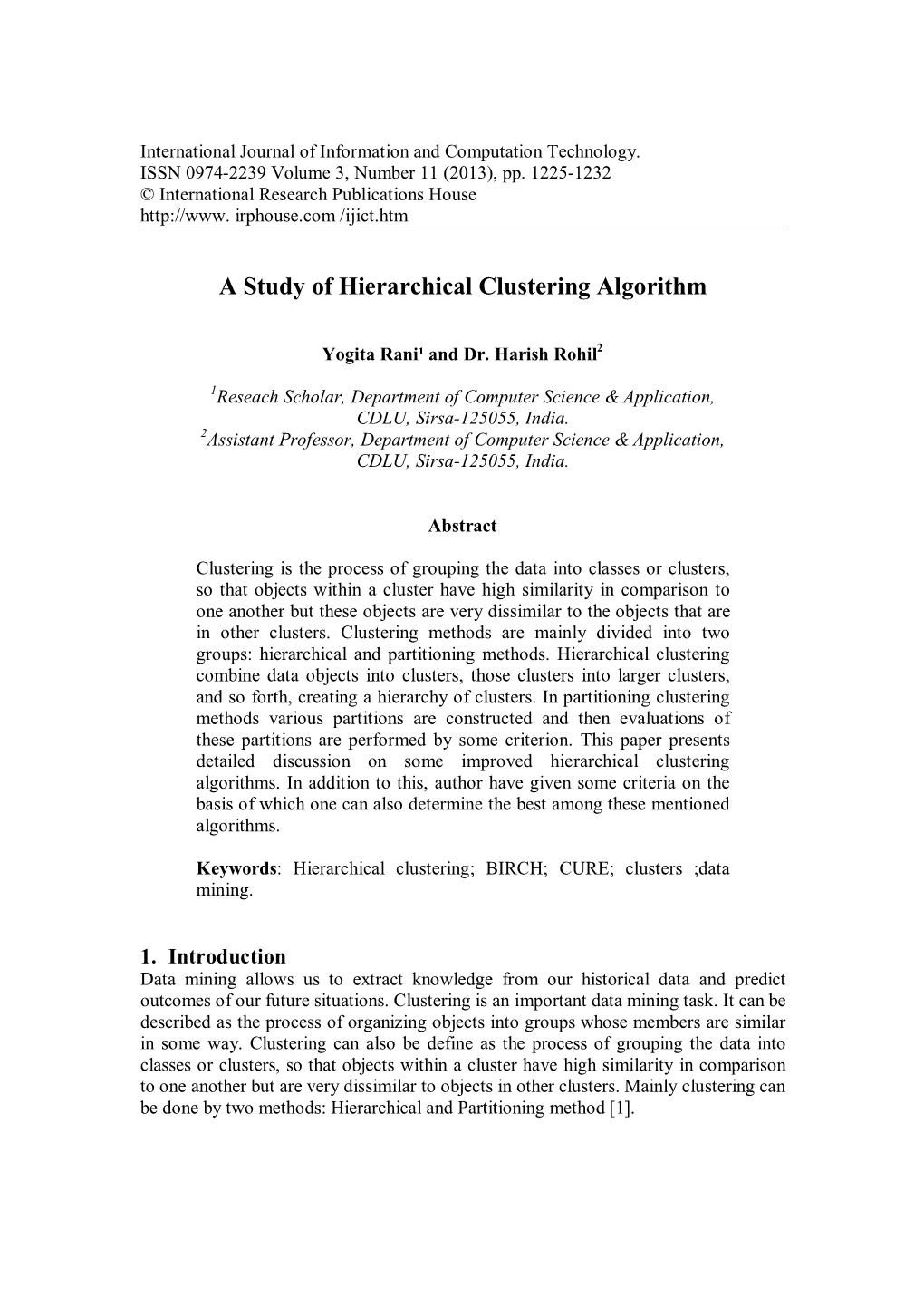 A Study of Hierarchical Clustering Algorithm