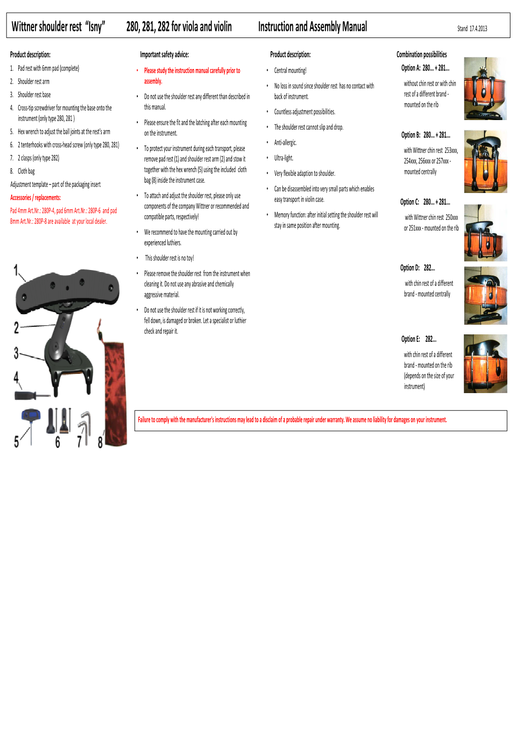 Wittner Shoulder Rest “ Isny” 280, 281, 282 for Viola and Violin Instruction and Assembly Manual Stand 17.4.2013