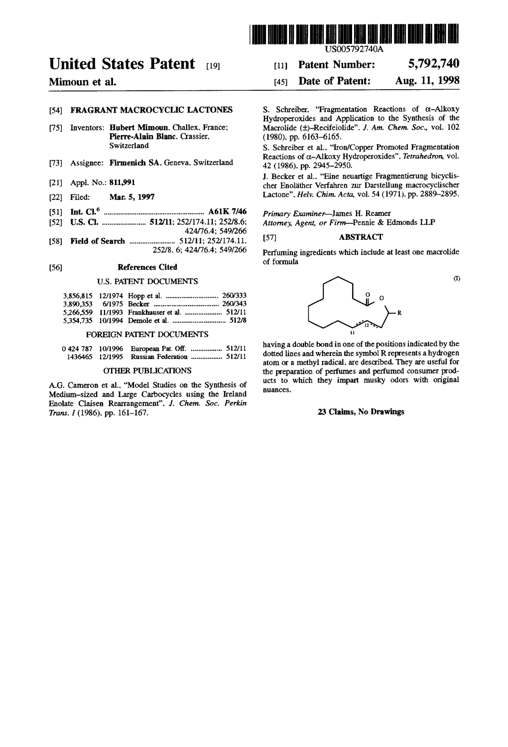 United States Patent (19) 11 Patent Number: 5,792,740 Mimoun Et Al