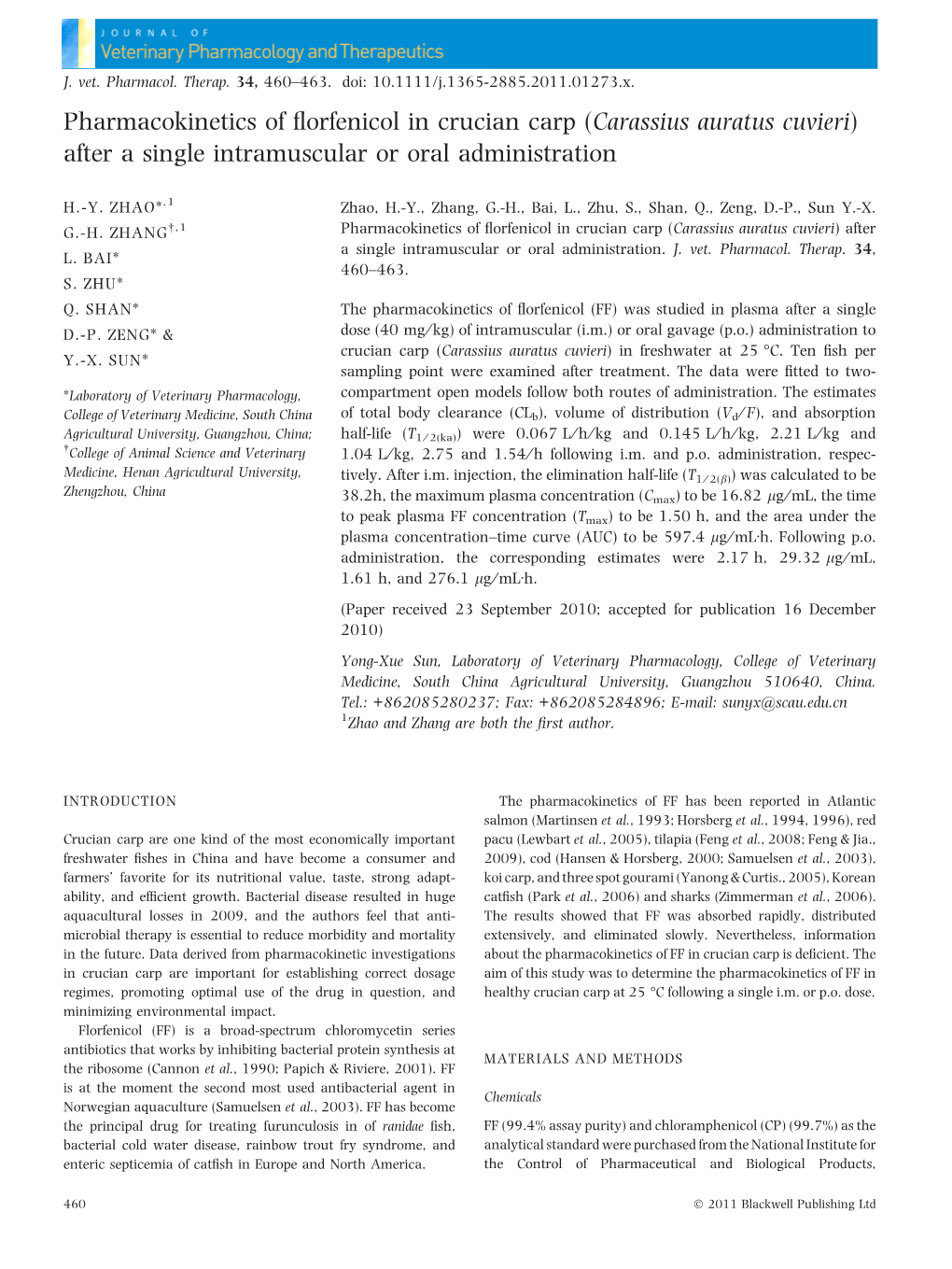 Pharmacokinetics of Florfenicol in Crucian Carp (Carassius Auratus Cuvieri) After a Single Intramuscular Or Oral Administration