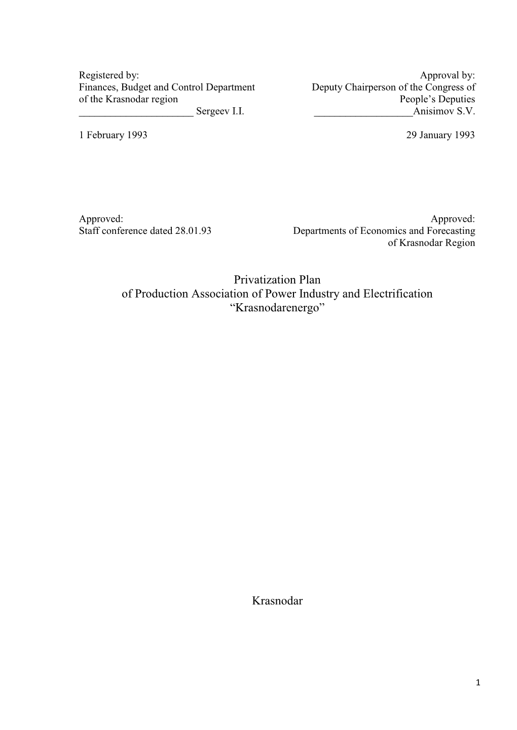 Privatization Plan of Production Association of Power Industry and Electrification “Krasnodarenergo”