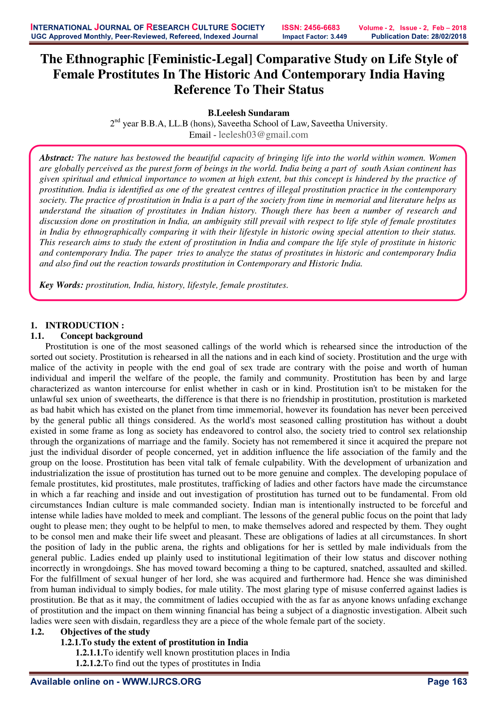 The Ethnographic [Feministic-Legal] Comparative Study on Life Style of Female Prostitutes in the Historic and Contemporary India Having Reference to Their Status