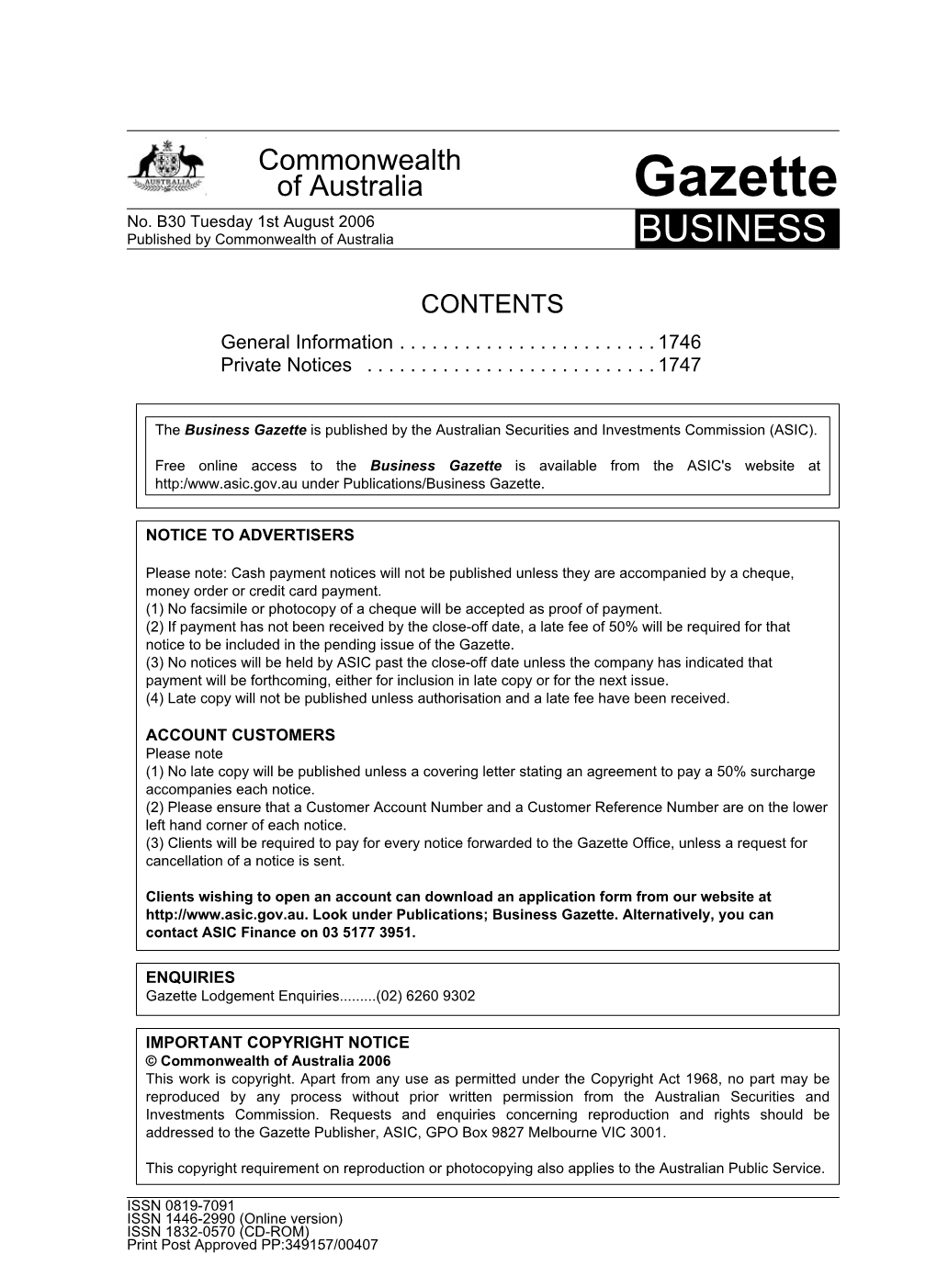 Business Gazette Is Published by the Australian Securities and Investments Commission (ASIC)